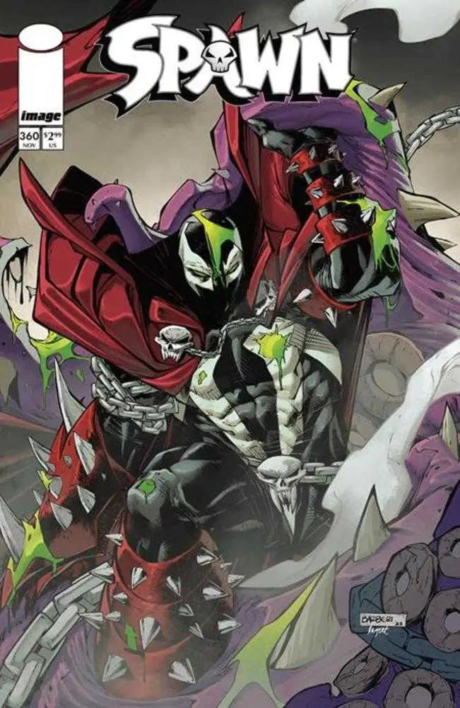 Comic book cover of Spawn #360 by Carlo Barberi featuring dark costume and red cape