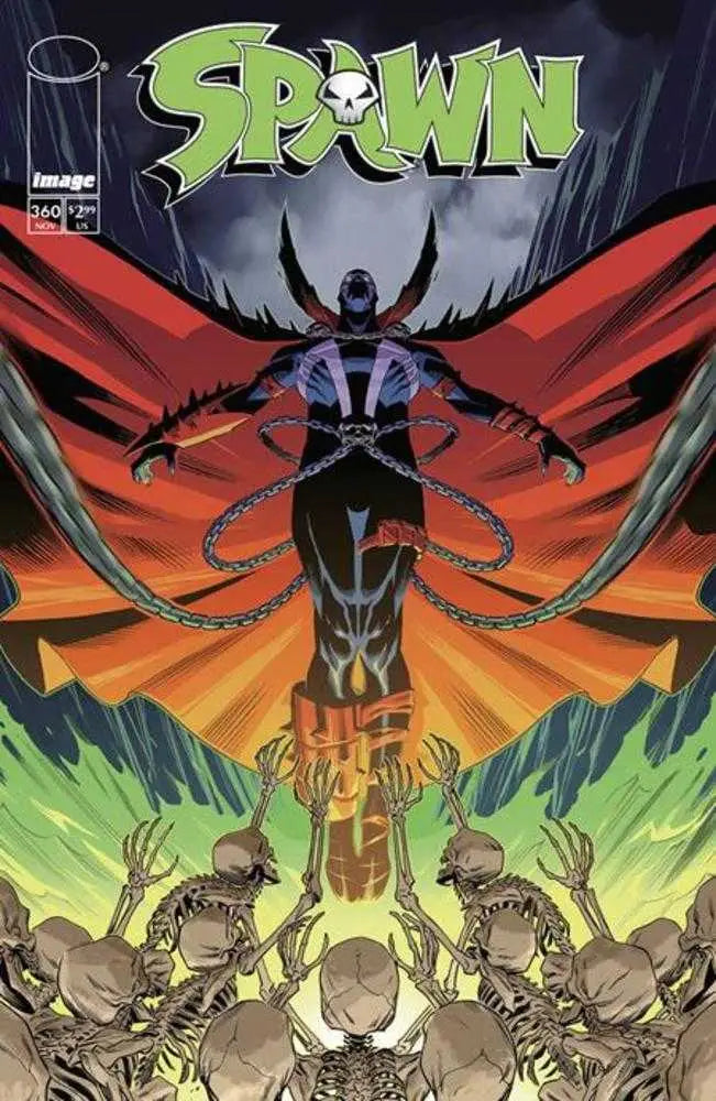 Dark armored figure with red cape towers over demons in Spawn #360 Cover B Marco Failla Variant