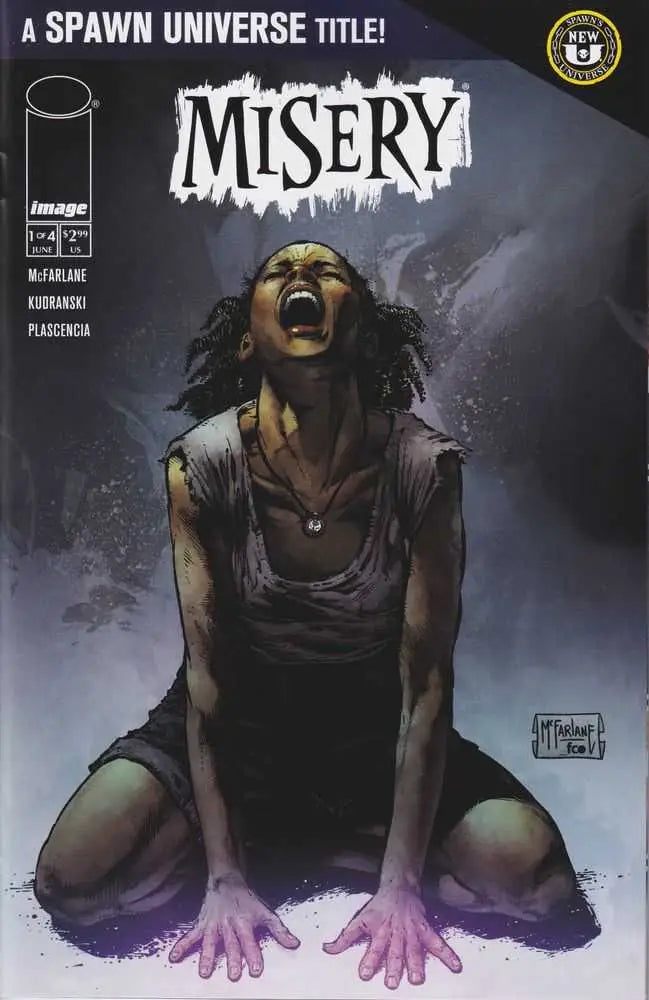 Comic book cover of Spawn Misery #1 with figure in anguish, perfect for trading cards collection