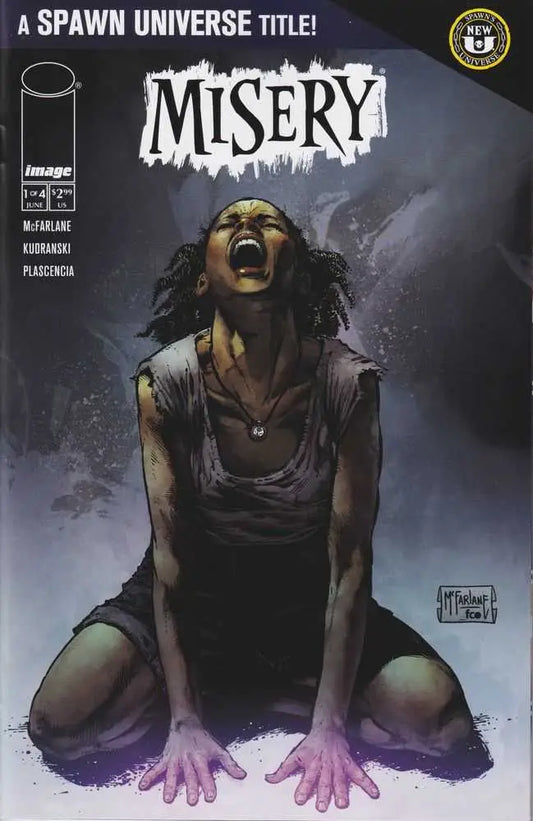 Comic book cover of Spawn Misery #1 with figure in anguish, perfect for trading cards collection