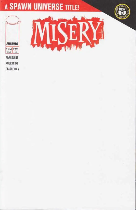 Comic book cover for Misery with red text on white background for Spawn Misery #1 variant