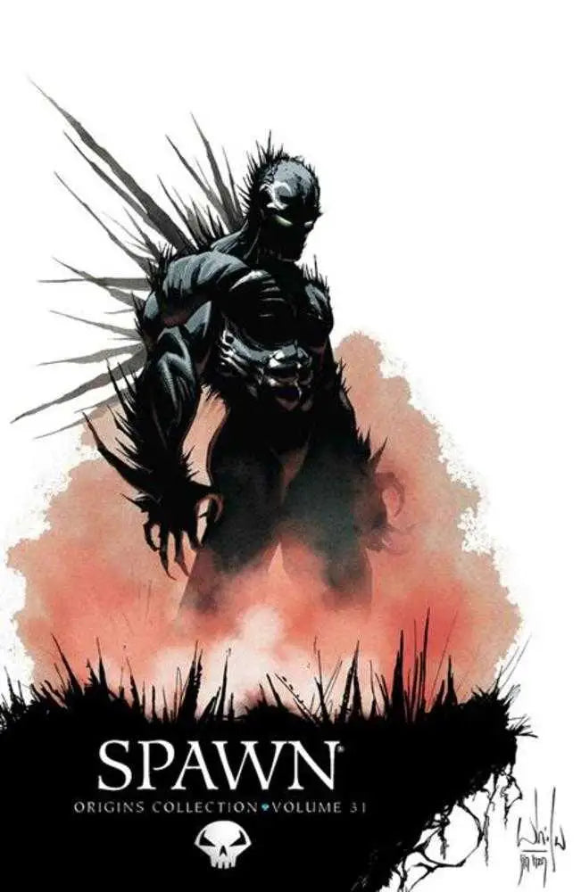 Comic book cover of Spawn Origins TPB Volume 31 featuring a dark spiky muscular figure with glowing eyes emerging from red mist