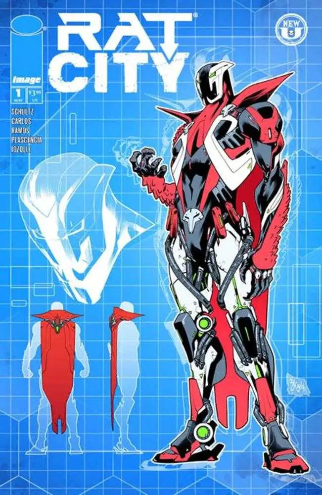 Sleek red and white robotic figure from Spawn Rat City #1 2nd Print trading cards