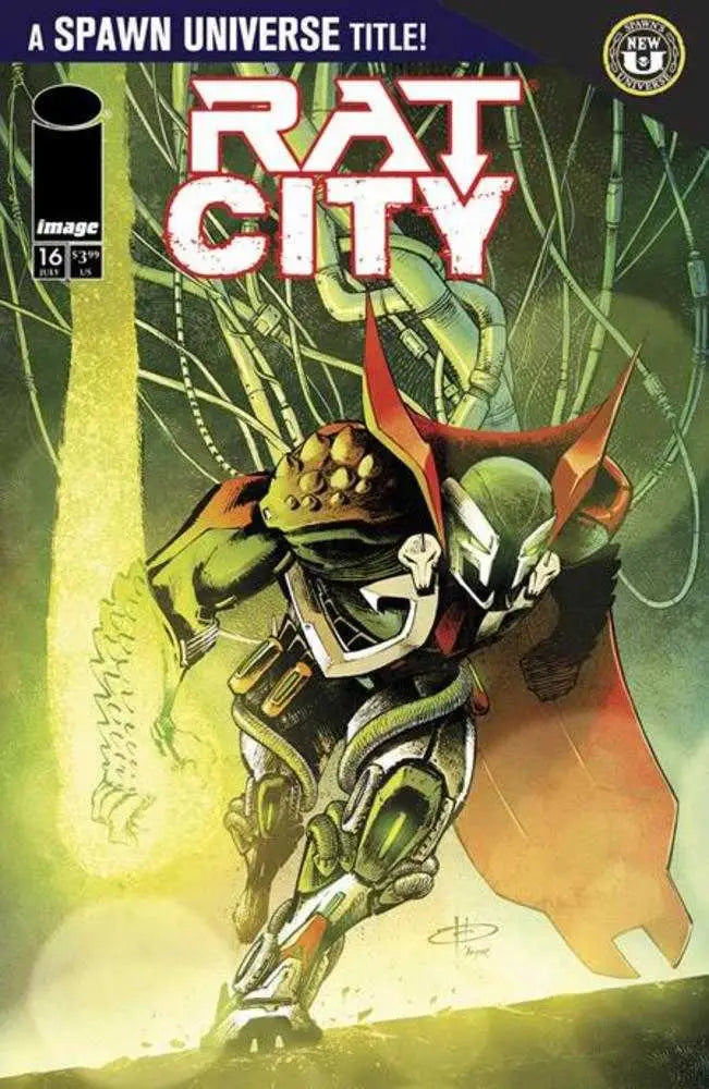 Comic book cover of Spawn Rat City #16 featuring green and silver armored Spawn Rat character