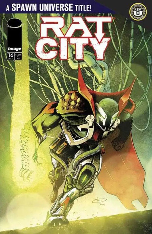 Comic book cover of Spawn Rat City #16 featuring green and silver armored Spawn Rat character