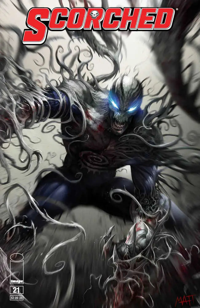 Dark demonic figure with blue eyes, featured in Spawn Scorched #21 Cover B trading cards