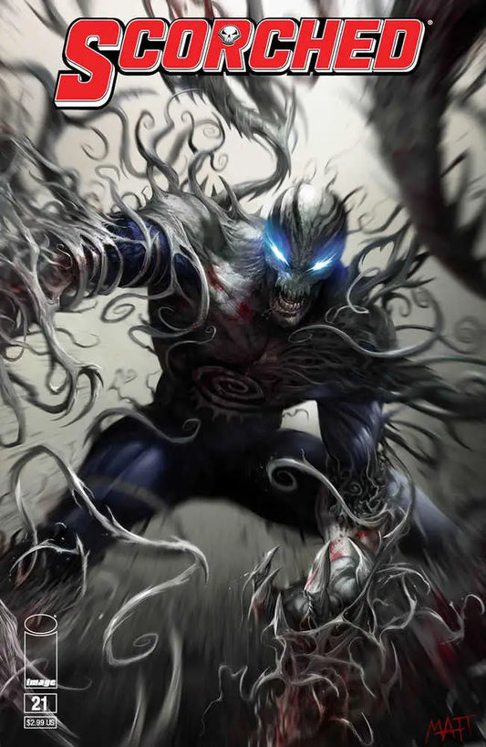 Dark demonic figure with blue eyes, featured in Spawn Scorched #21 Cover B trading cards