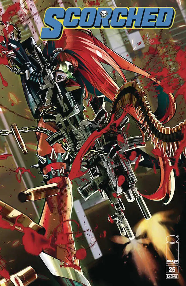 Robotic dinosaur with guns in explosive action for Spawn Scorched #25 trading cards