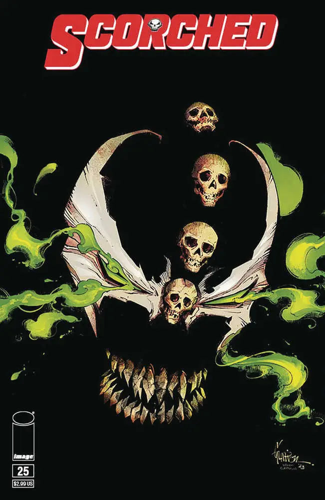 Four skulls create a sinister face with green smoke for Spawn Scorched #25 trading cards