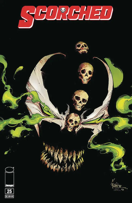Four skulls create a sinister face with green smoke for Spawn Scorched #25 trading cards