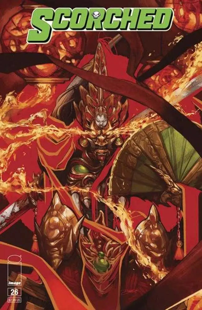 Comic book cover of Spawn Scorched #26 featuring a warrior in flames, ideal for trading cards
