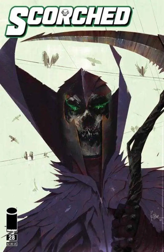 Dark skull figure in purple cloak with green eyes for Spawn Scorched #28 trading cards