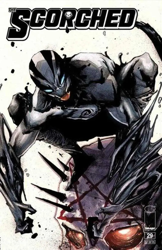 Dark armored figure with glowing red eyes from Spawn Scorched #29 Cover B variant art