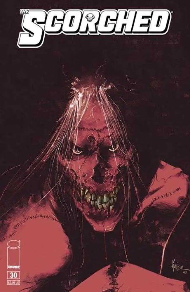 Menacing red skull figure with dark hair, featured in Spawn Scorched #30 trading cards