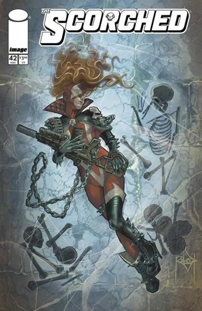 Spawn Scorched #42 Cover A by Thaddeus Robeck featuring a red-haired character with a skull outfit and bones