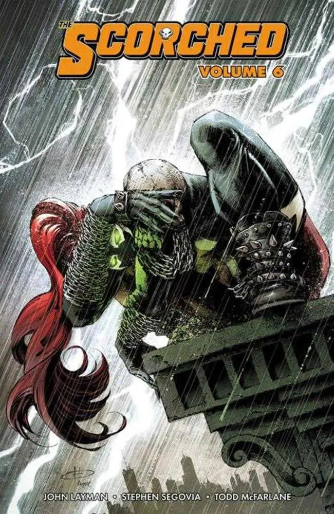 Comic book cover for Spawn Scorched TPB Volume 06 featuring a grim character in a stormy scene