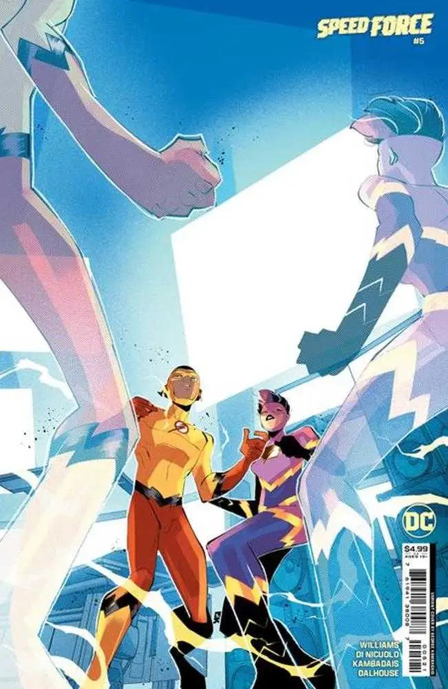 Comic book cover art of superheroes in action for Speed Force #5 trading card variant