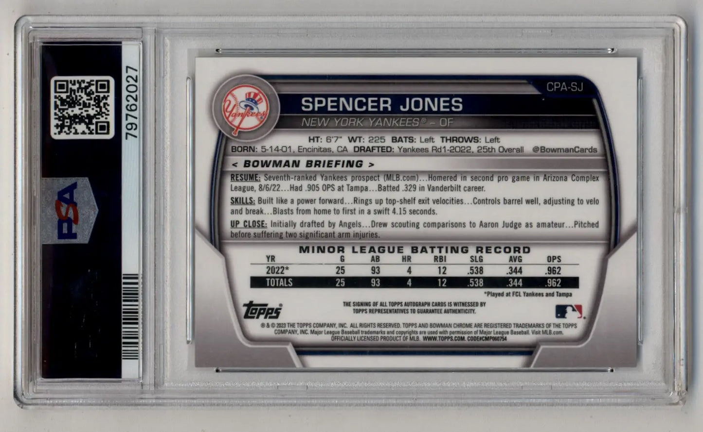 Spencer Jones 2023 Bowman Chrome Prospect Auto PSA 10 Gem Mint 2027 - Baseball Card Single