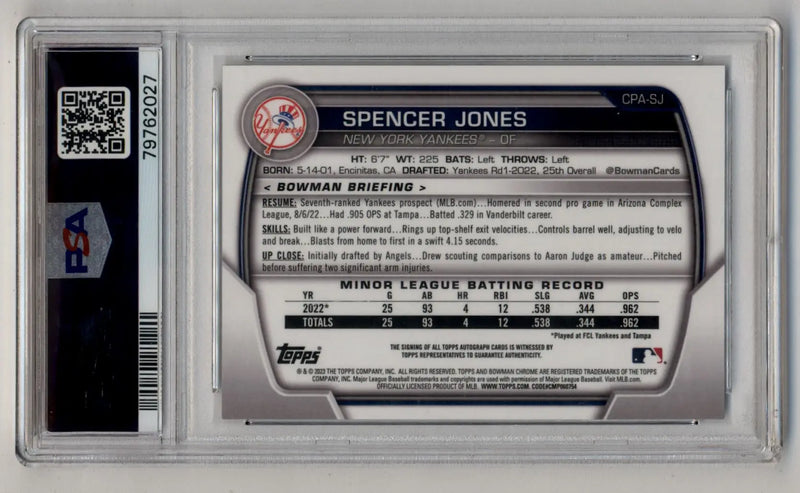 Spencer Jones 2023 Bowman Chrome Prospect Auto PSA 10 Gem Mint 2027 - Baseball Card Single