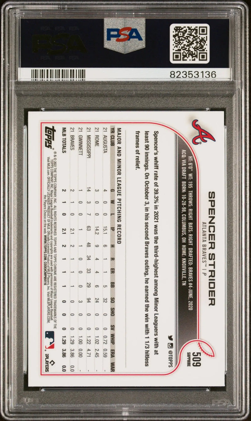 Graded Spencer Strider 2022 Topps Chrome Sapphire baseball card PSA 10 Gem Mint