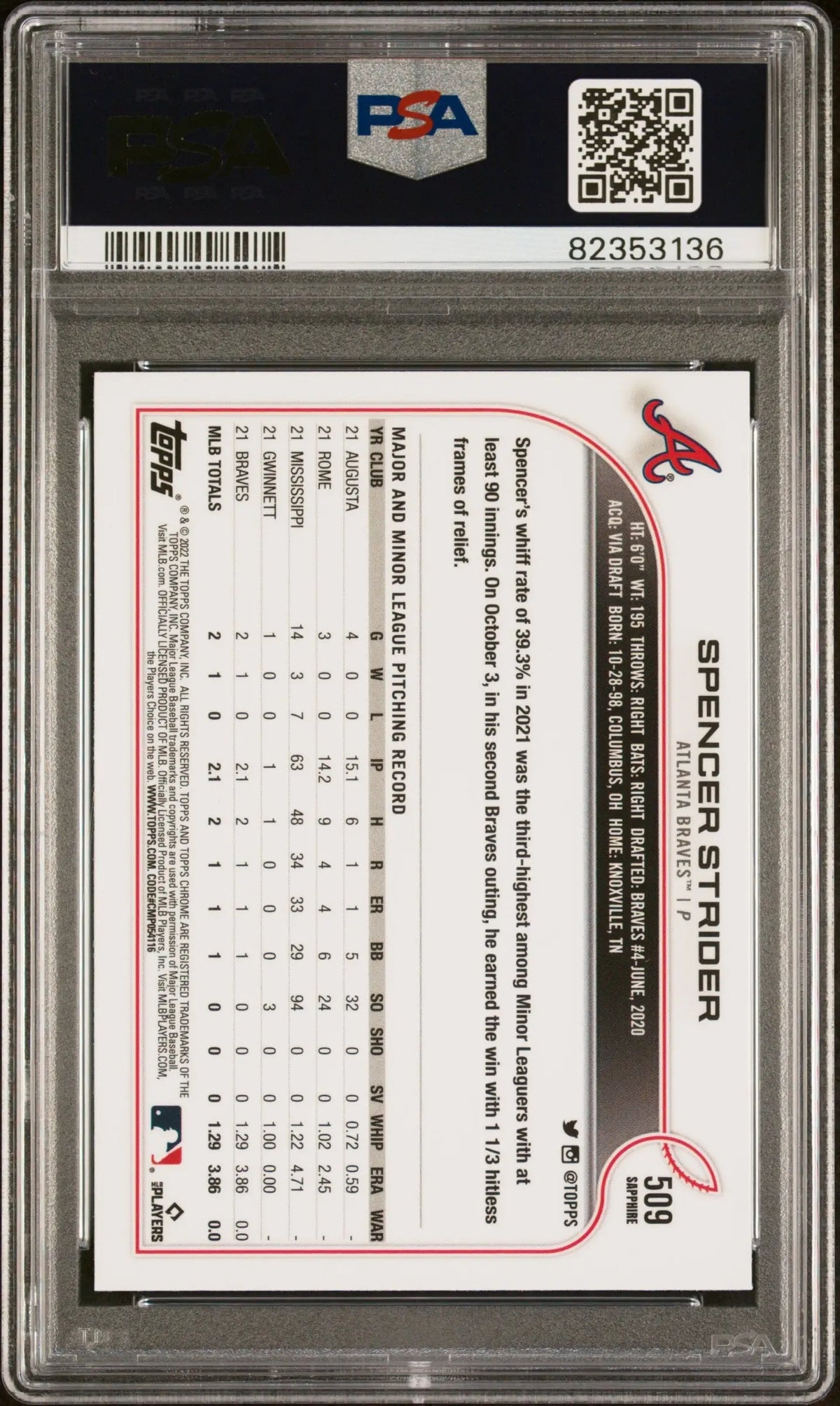 Spencer Strider 2022 Topps Chrome Sapphire #509 PSA 10 Gem Mint - Baseball Card Single
