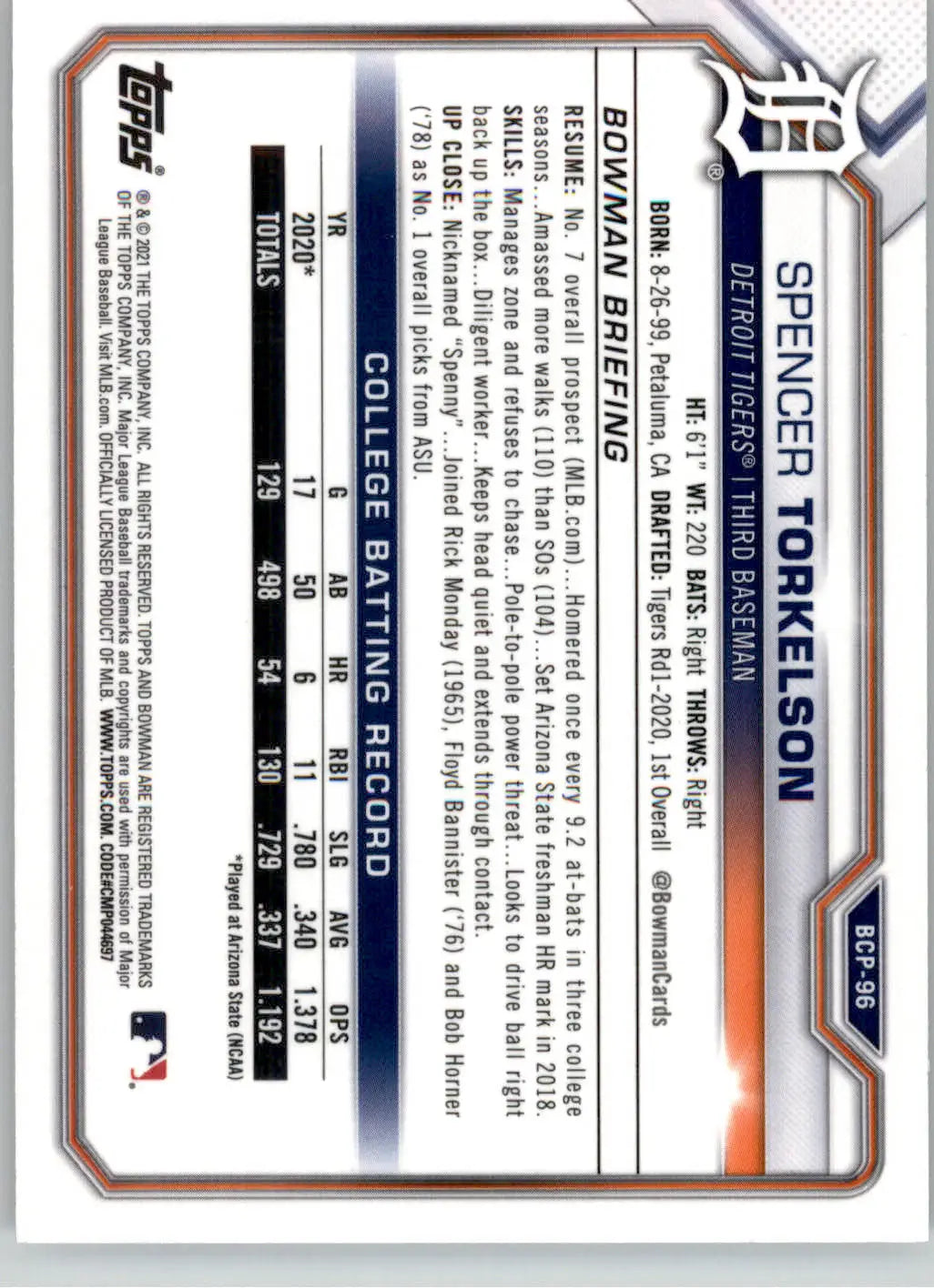Spencer Torkelson - 2021 Bowman - #BCP-96 - Chrome Prospects Mojo Refractor