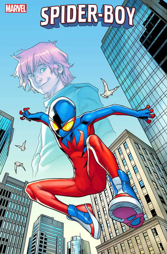Red and blue superhero leaping, showcasing the Andres Genolet Variant Spider-Boy #10