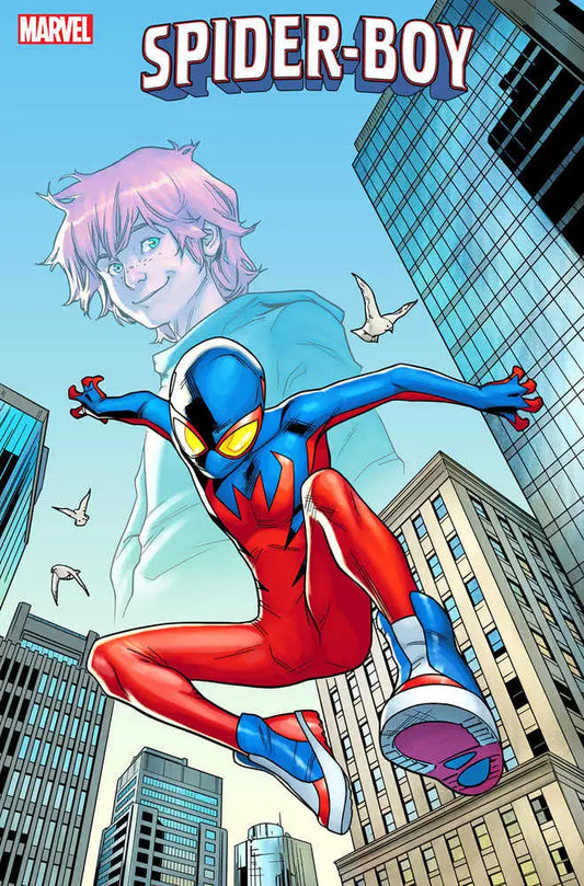 Red and blue superhero leaping, showcasing the Andres Genolet Variant Spider-Boy #10