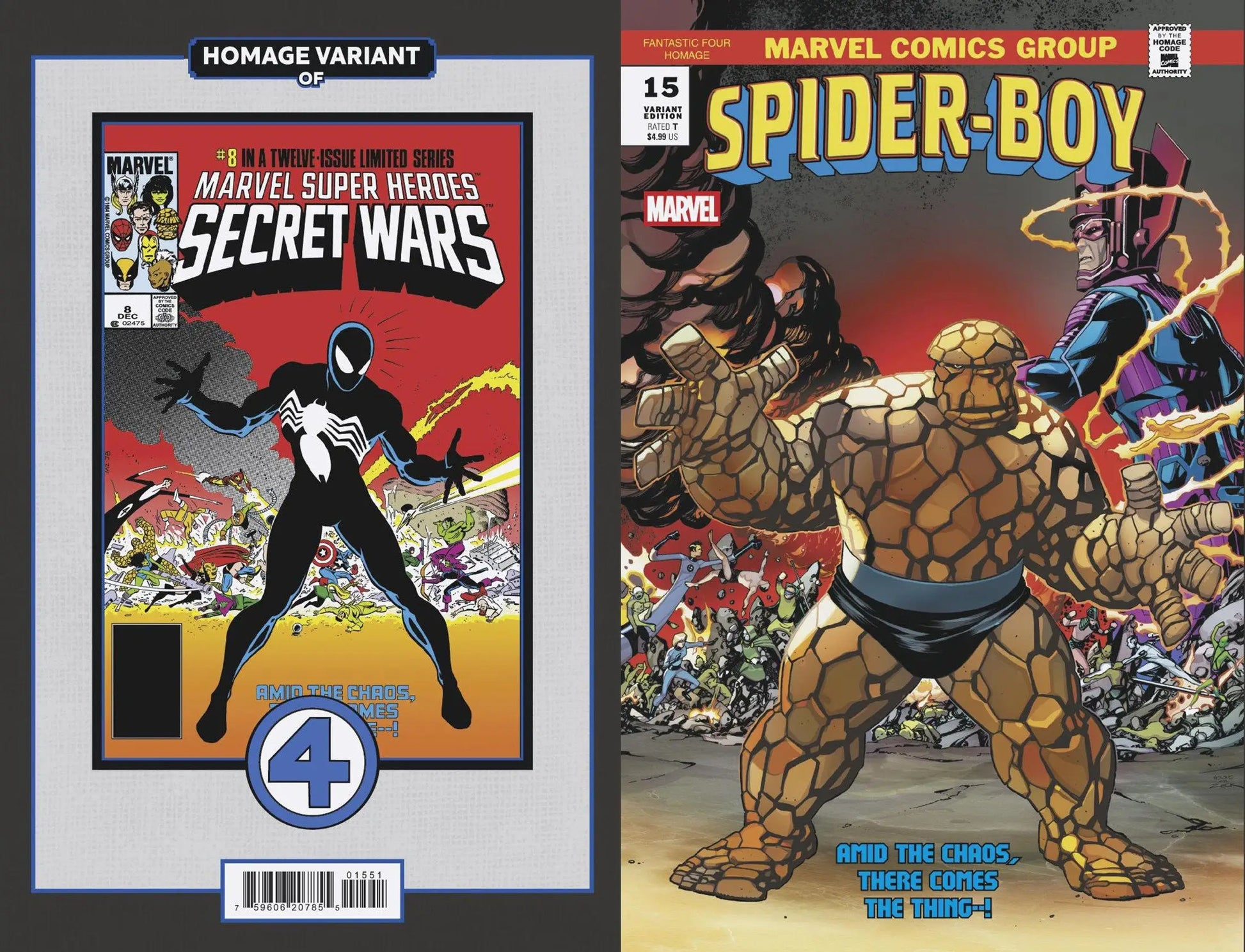 Two comic book covers including Spider-Boy #15 Fantastic Four Homage Variant