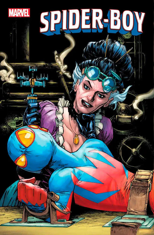 Marvel’s Spider-Boy #6 comic book cover with character in blue and red costume, spiky hair, goggles