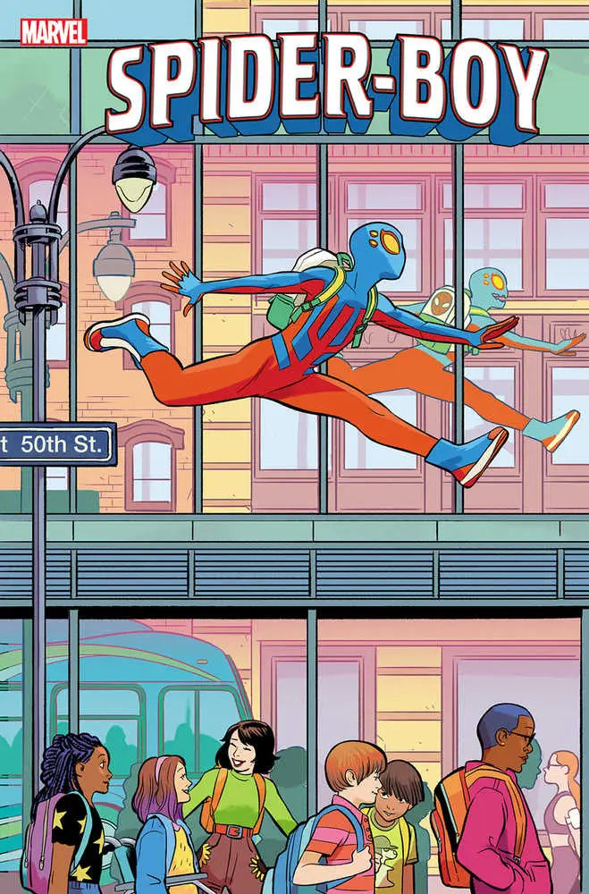 Blue and red superhero leaping in Spider-Boy #7 Natacha Bustos Variant trading cards