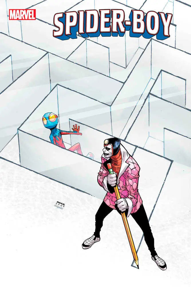 Comic book cover of Spider-Boy #8 with villain in maze, ideal for trading cards fans