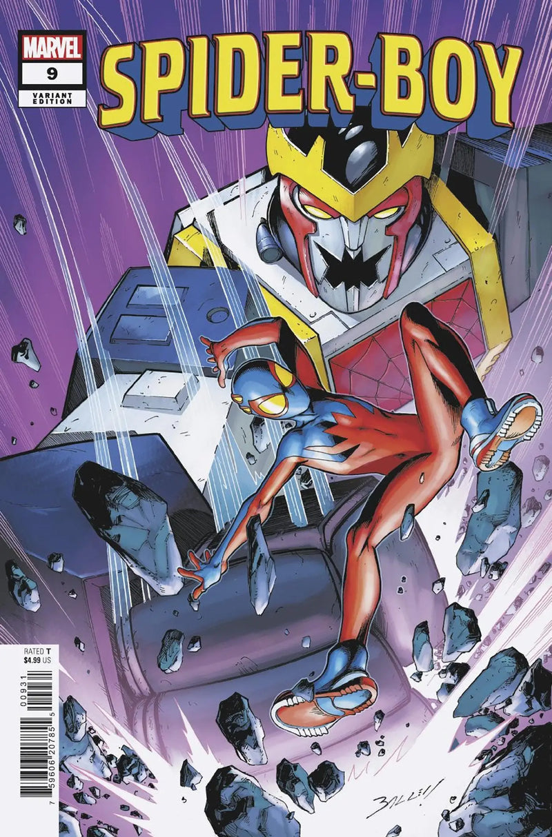 Spider-Boy #9 Mark Bagley Variant comic book cover in action pose, vibrant costume, trading cards