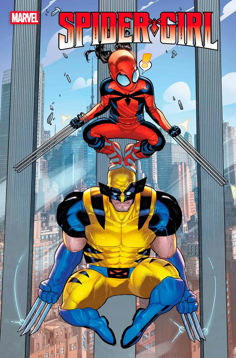Comic book cover featuring sensational Spider-Girl atop Wolverine at the Spider-Girl #1 funhouse mirror variant