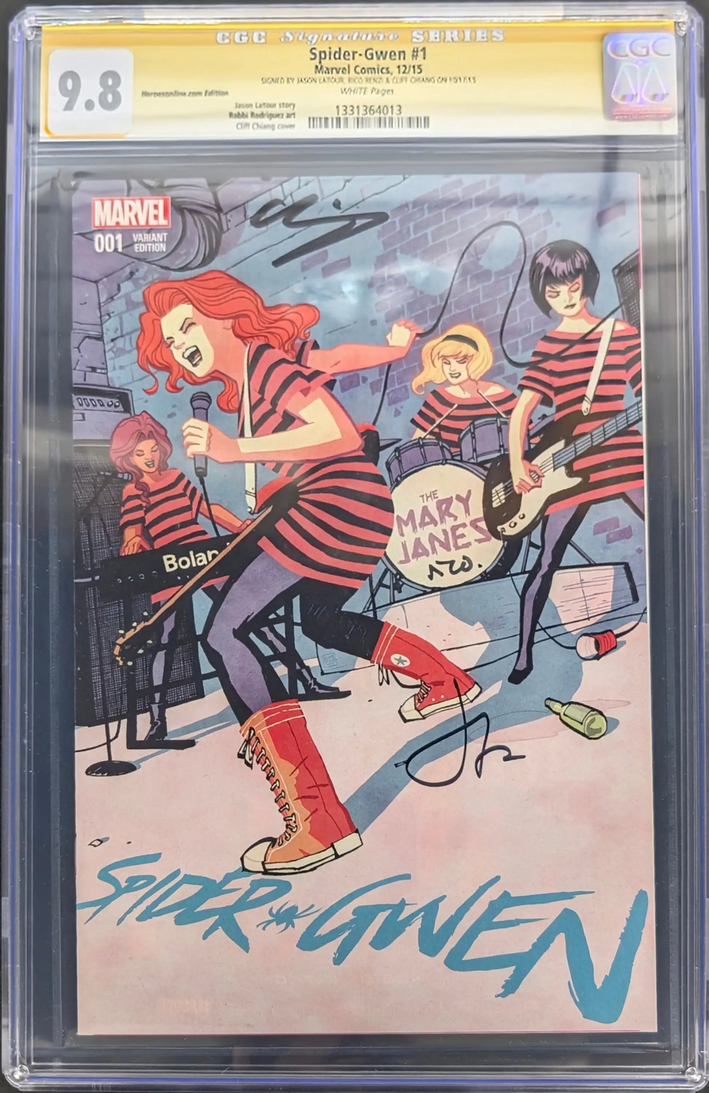 Graded slabbed comic book featuring Spider-Gwen and The Mary Janes signed by Latour and Renzi