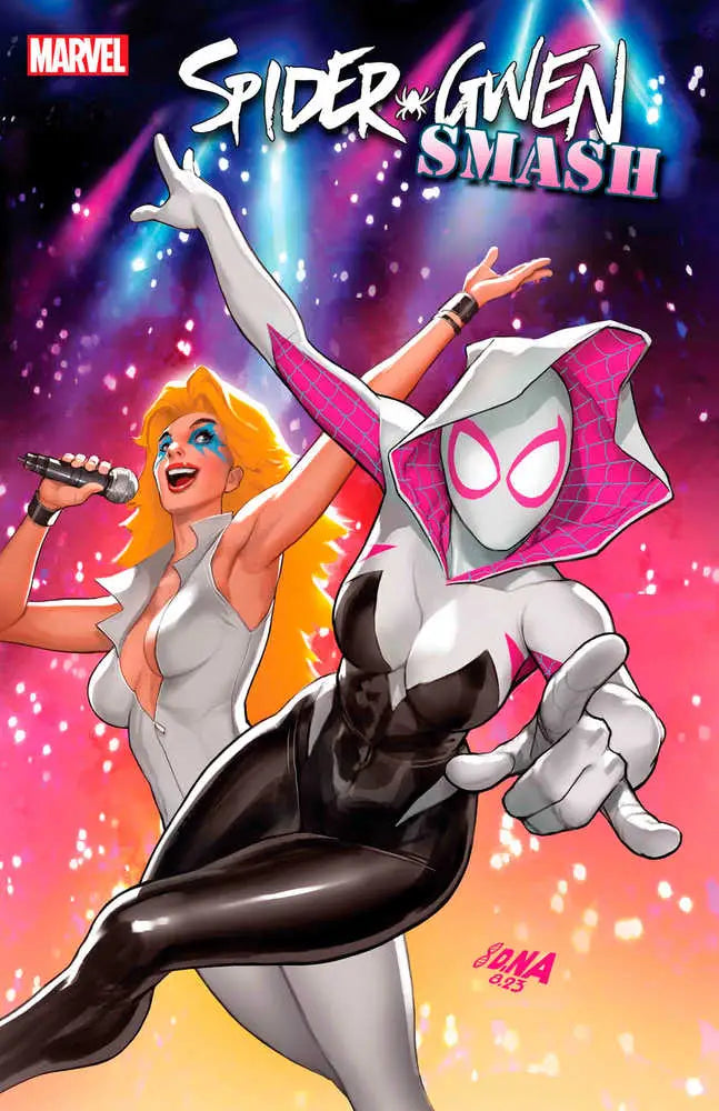 Comic book cover of Spider-Gwen Smash #2 with Spider-Gwen and singer in action poses