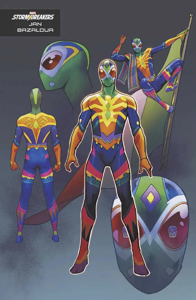 Colorful superhero character design for Spider-Gwen trading cards with geometric patterns