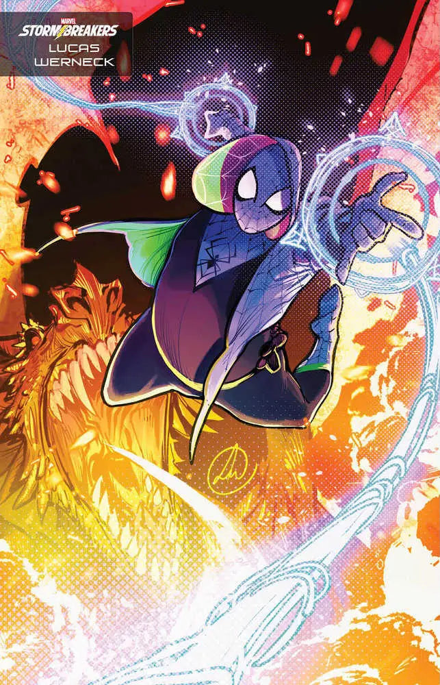 Spider-Man swinging through cosmic energy in Spider-Gwen: Smash 3 trading cards