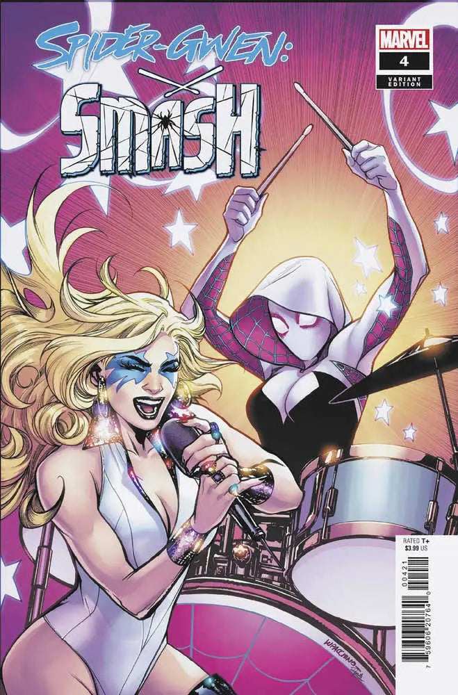 Comic book cover of Spider-Gwen: Smash #4 featuring musicians and vibrant art