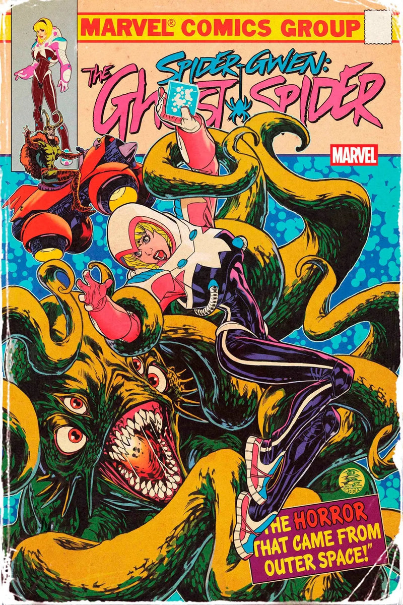 Comic book cover of Spider-Gwen: The Ghost-Spider #12 battling a monstrous creature in action
