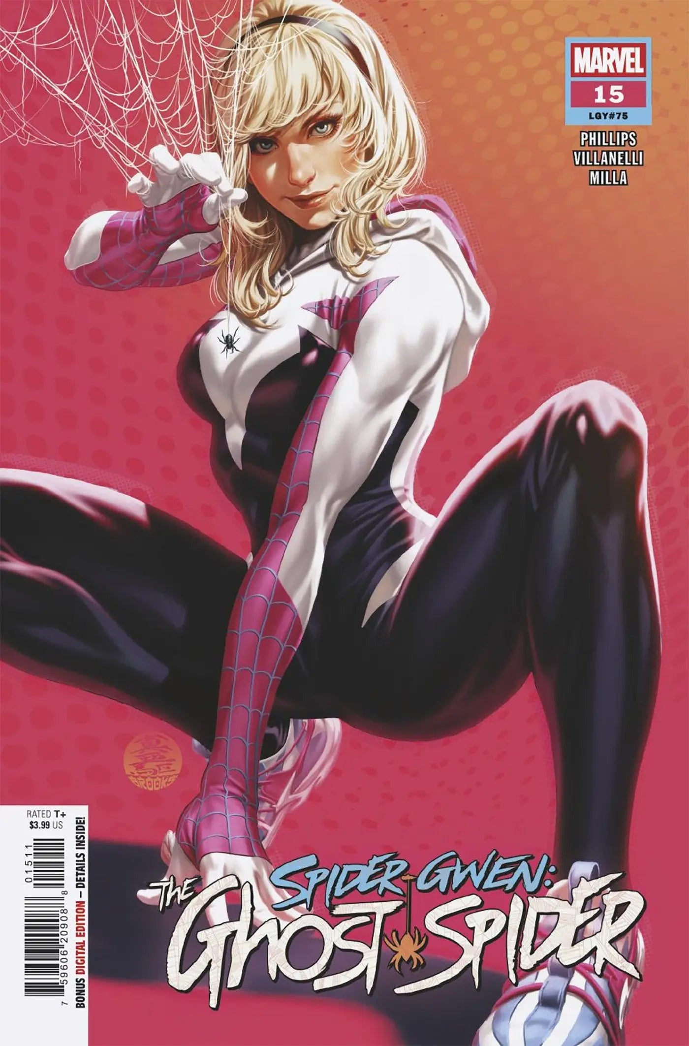 Comic book featuring Spider-Gwen in white, pink, and black costume from thrilling final issue