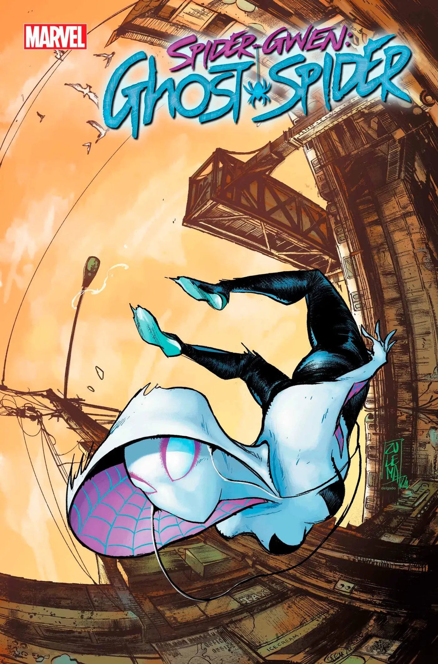 Spider-Gwen soaring in her iconic suit on the Zulema Scotto Lavina Variant cover