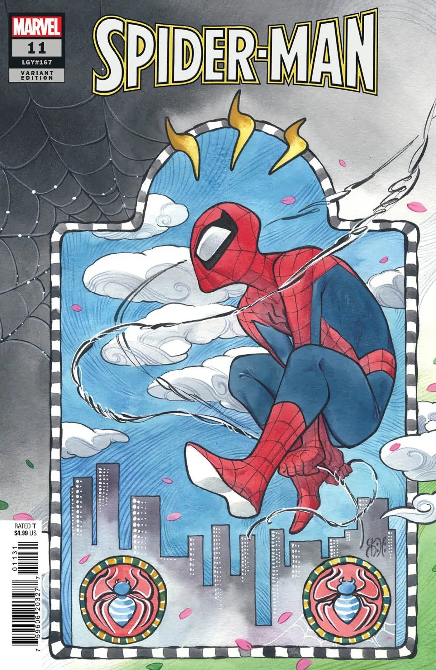 Spider-Man swinging through the air on Spider-Man 11 Peach Momoko Variant trading card