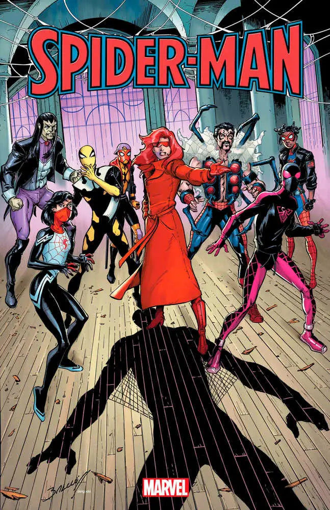 Comic book cover of Spider-Man characters dancing in vibrant costumes for trading cards