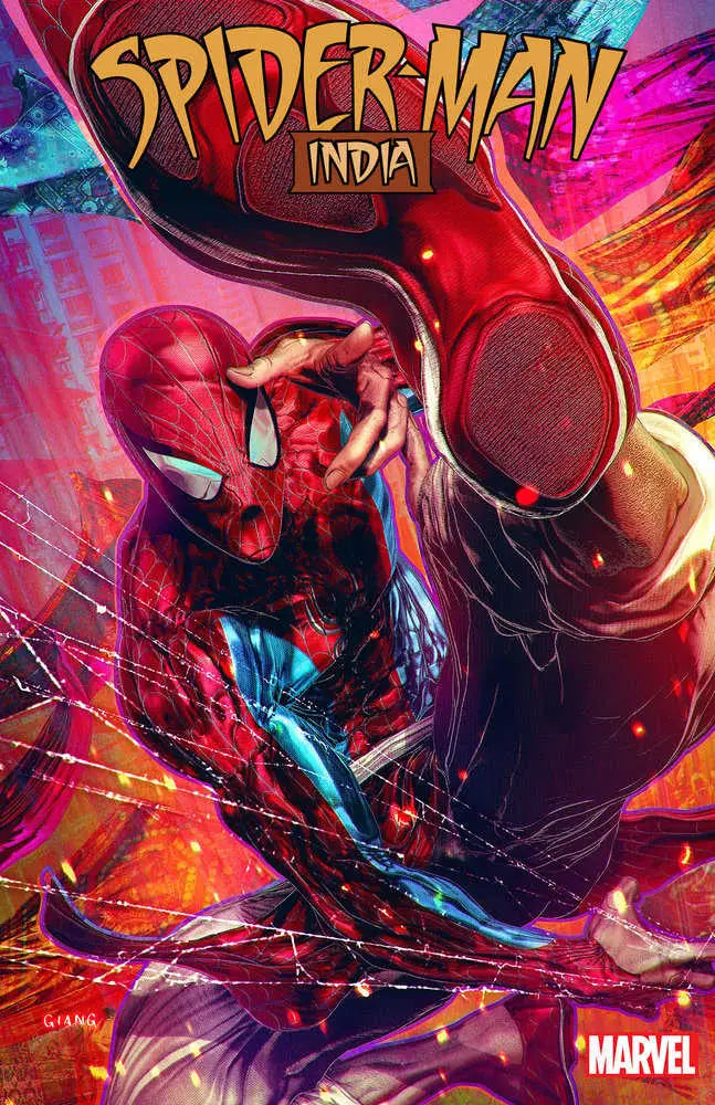 Spider-Man in Indian-inspired costume, dynamic pose for Spider-Man: India 3 trading cards