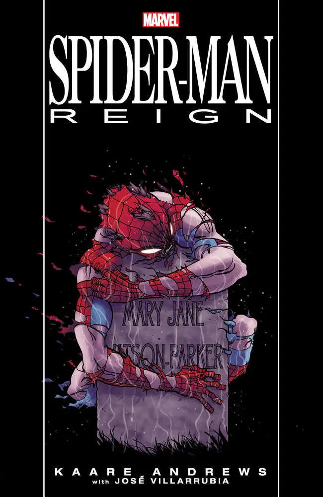 Spider-Man Reign comic book cover featuring a sorrowful Spider-Man embracing a tombstone