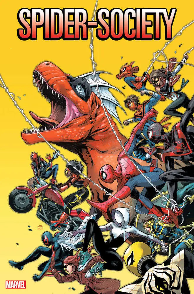 Comic book cover of Spider-Society #1 Anand Ramcheron Variant with heroes and T-Rex