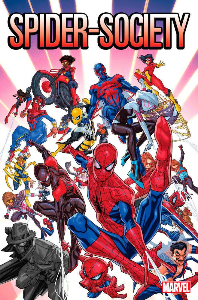 Comic book cover of Spider-Society #1 with Spider-Man variants in dynamic action poses