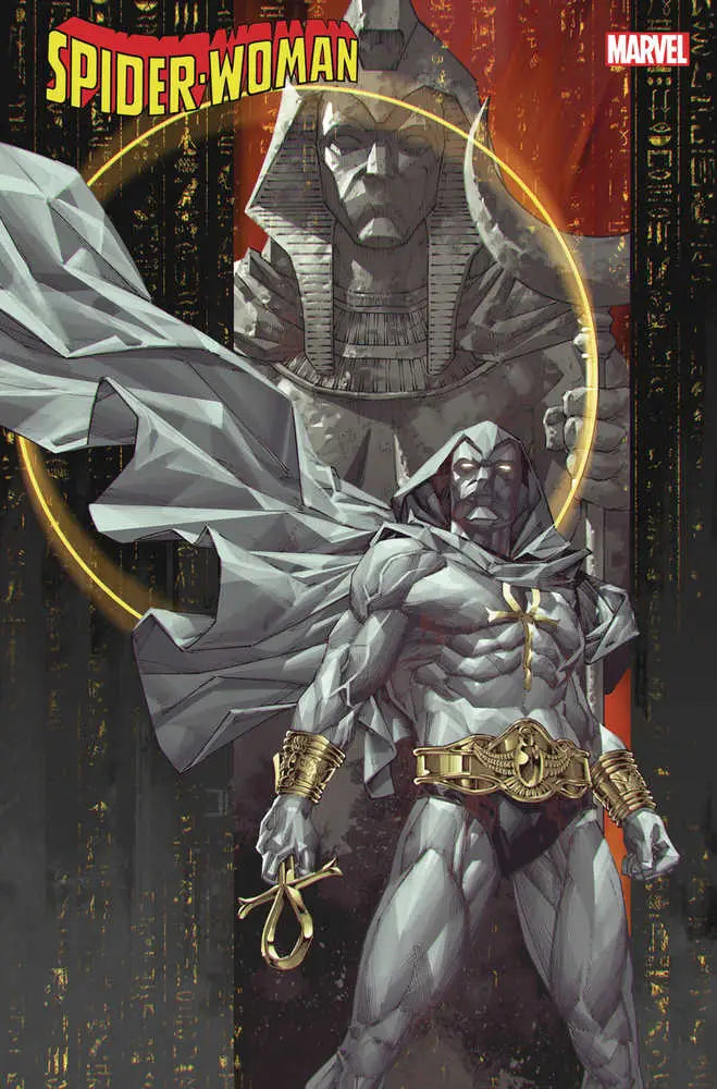 Dark caped figure in armored suit from Spider-Woman’s World, inspired by Captain Marvel