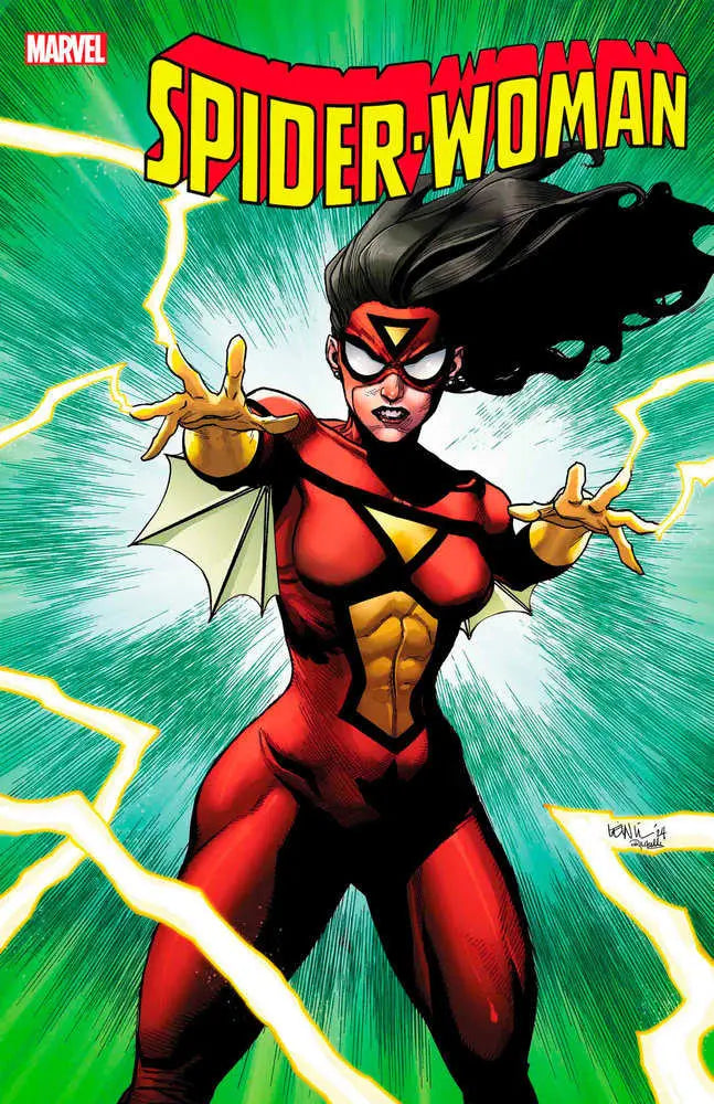 Spider-Woman #10 trading card featuring a superhero in a dynamic red and gold costume